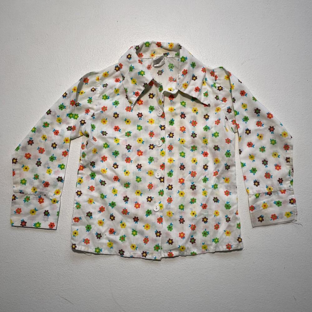 Vintage 70’s KIDS long sleeve flower power button up shirt / SEARS / sz 5